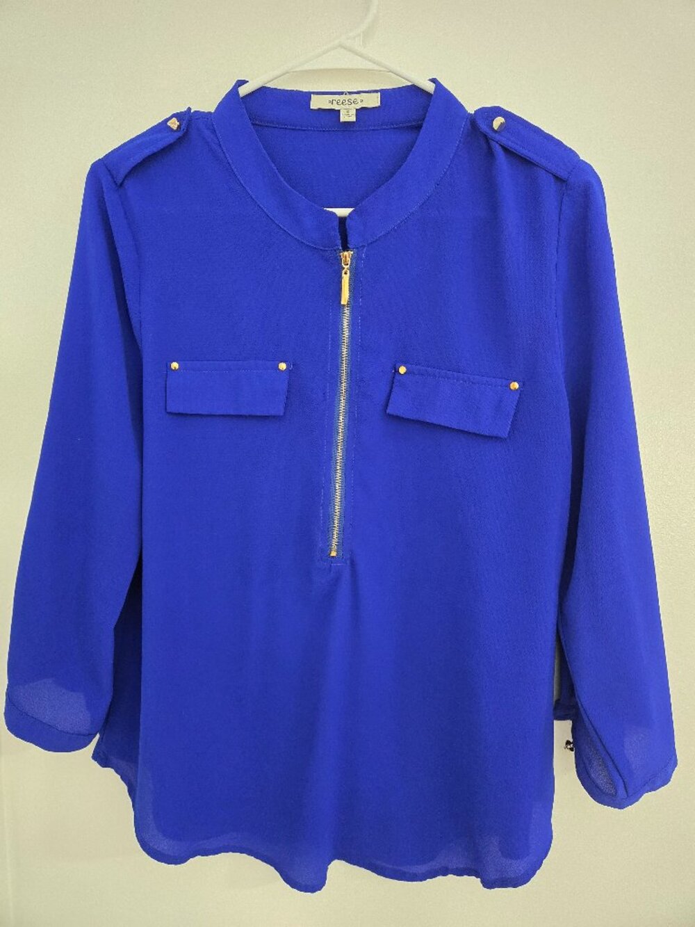 Reese Women’s Royal Blue Blouse Size S Gold Tone Front Zipper Roll Tab Sleeves